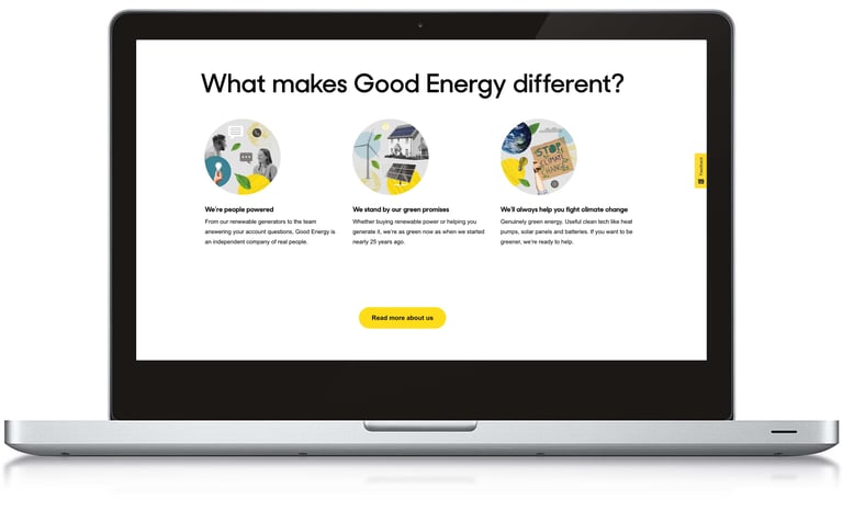 A mock-up of a laptop screen showing a section from a website with three spot illustrations.