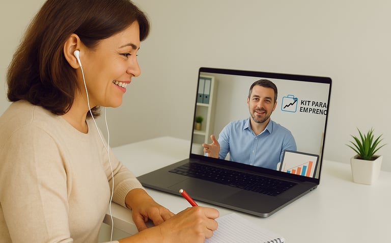 Mujer con audífonos en clase virtual sobre emprendimiento de Kit para Emprender