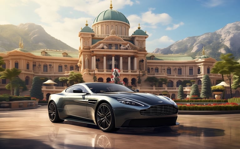 An Aston Martin parked in front of an impressive mansion