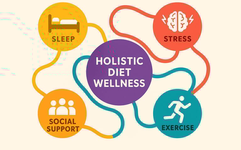 Holistic diet success infographic showing interconnected lifestyle factors