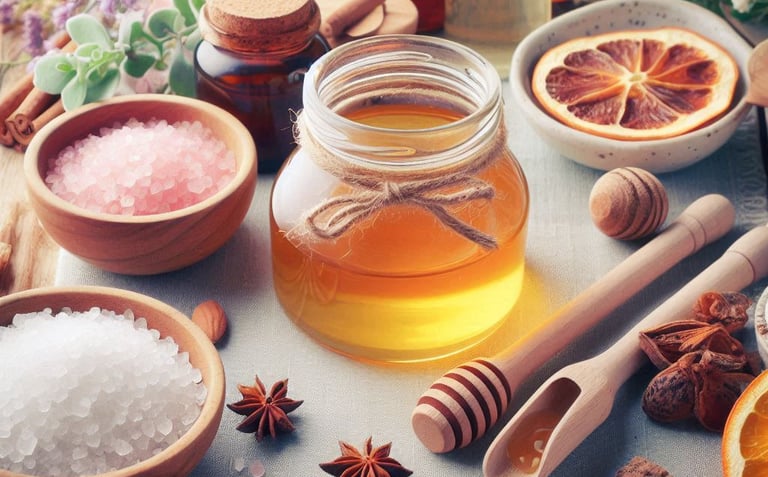 a golden liquid in glass jar, with various organic ingredients around it