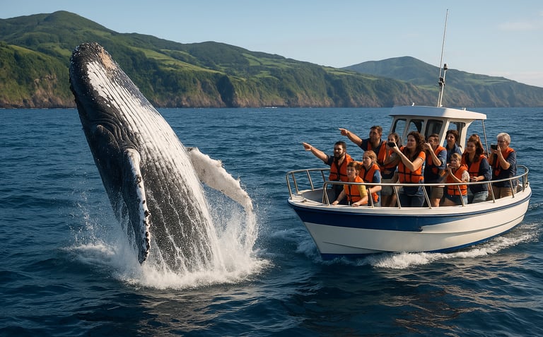 Family on a whale-watching boat near São Miguel, Azores, watching a humpback whale breach in the Atlantic.