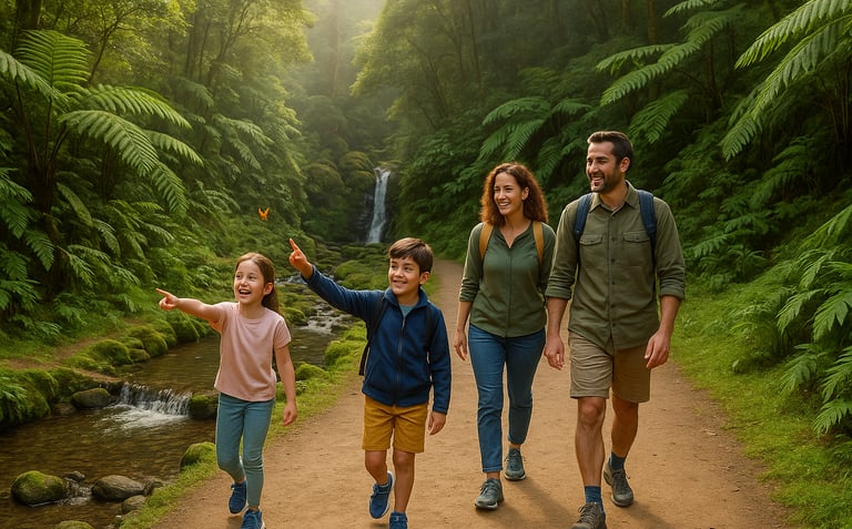 Family with young kids hiking an easy forest trail in the Azores with waterfalls, ferns, and soft light filtering through the