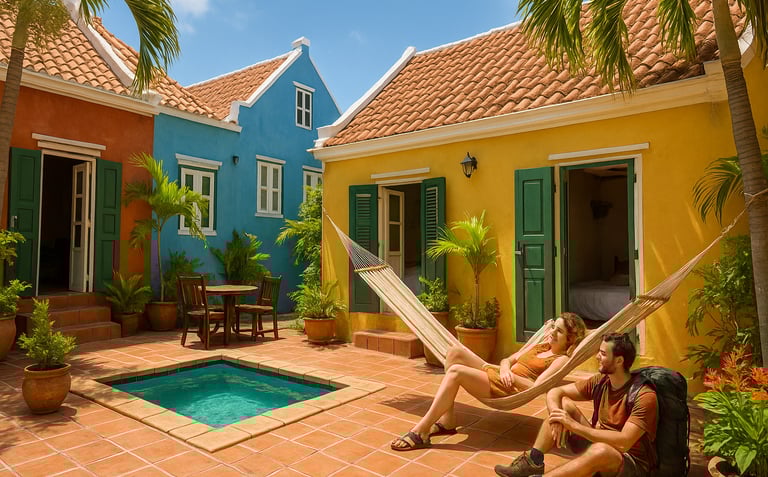 olorful Caribbean-style guesthouse courtyard in Curaçao with a small pool, palm trees, and a couple relaxing — one in a hammo