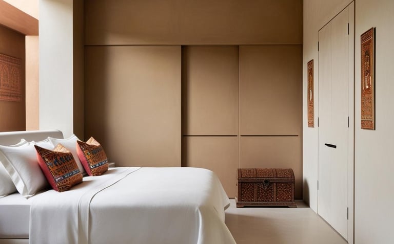 a large bedroom with modular wadrobe with hidden door