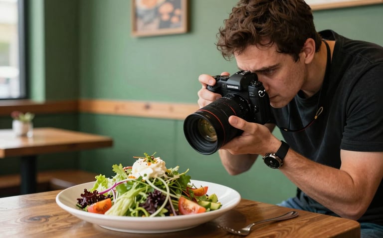 A professional food photographer in a bright North American / US bistro, focusing their camera on a beautifully plated seasonal salad. The background shows matte forest green walls and warm wooden accents. The lighting is crisp and natural, highlighting the agency's creative process in action.