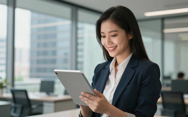 A professional Southeast Asian woman in a modern office environment, looking at a digital tablet with a smile of satisfaction. The background is a clean, glass-walled corporate space in a Vietnamese city, suggesting efficiency and success.