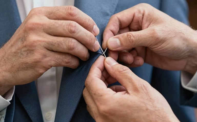 A detailed close-up of a master tailor's hands using a silver needle to hand-stitch the lapel of a slate blue suit jacket. International / Western.