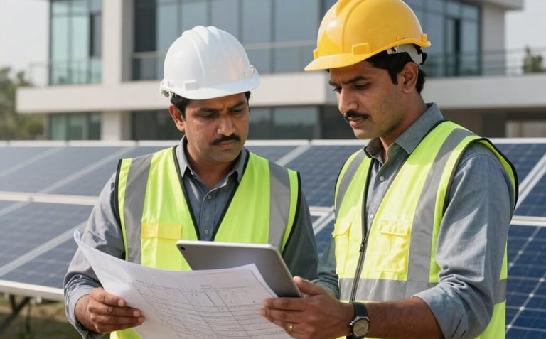 An action shot of two professional solar engineers in South Asian / Pakistani attire reviewing blueprints near a solar installation. They are wearing safety gear and looking at a tablet, conveying a sense of expertise and reliability. Modern architecture in the background.