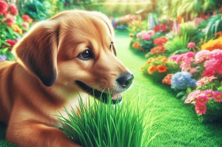 perro comiendo pasto