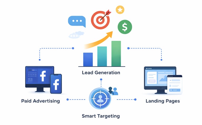 Digital marketing lead generation system showing paid advertising, smart targeting and landing page