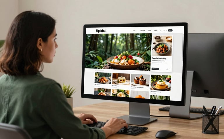 A professional South American woman in a stylish, minimalist office planning a social media grid on a large monitor. The screen shows vibrant food photography. Deep forest green and parchment tones in the background, elegant atmosphere.