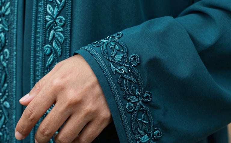 A detailed close-up shot of a hand-embroidered abaya sleeve in dark teal fabric. The focus is on the intricate threadwork and the rich texture of the textile. Middle Eastern aesthetic.
