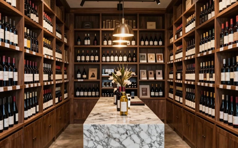 Interior shot of a beautiful North American boutique wine shop. Features bespoke dark wood shelving units reaching the ceiling, a central marble tasting island, and warm, sophisticated pendant lighting.