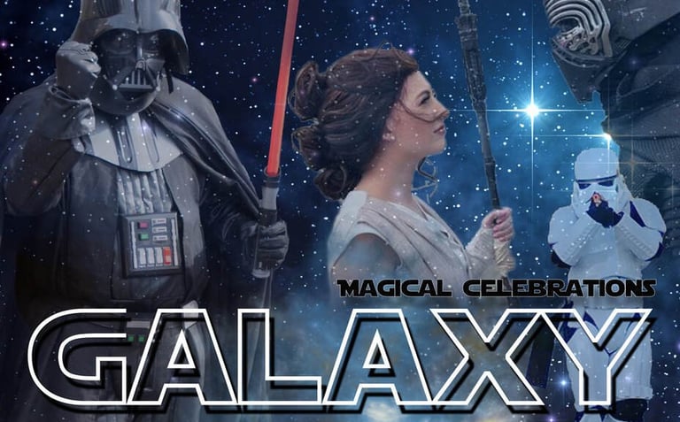 Darth Vader, Rey, and Kylo Ren cosplayers pose against a starry space background for a Star Wars themed event.