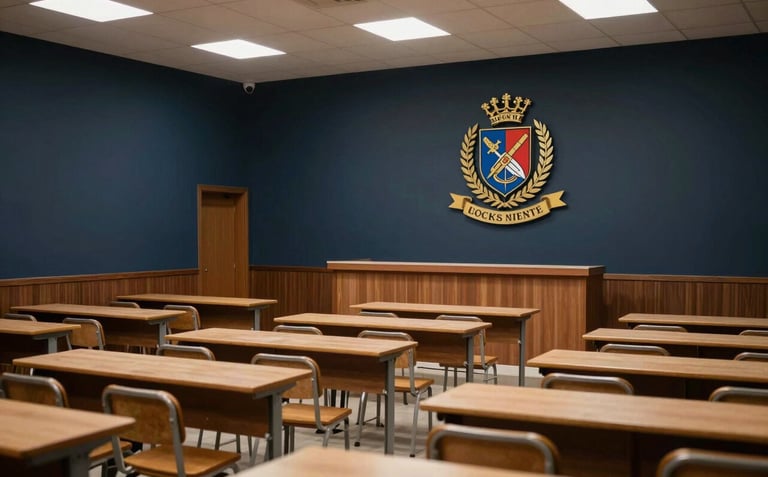 An interior shot of a South Asian college entrance hall, featuring professional lighting, dark navy walls, and a large crest on the wall, clean and sophisticated.