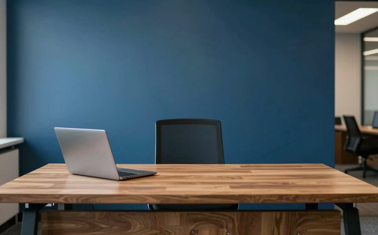 A sleek, professional North American office interior. A Medium Blue wall serves as a backdrop to a minimalist wooden desk. The lighting is soft and natural, creating a sophisticated and trustworthy atmosphere.