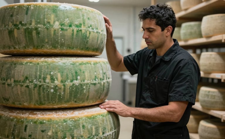 A professional dairy technician in modern attire inspecting a large wheel of cheese in a clean, state-of-the-art Latin American / Spanish dairy facility. Palette: Forest Green and Black.
