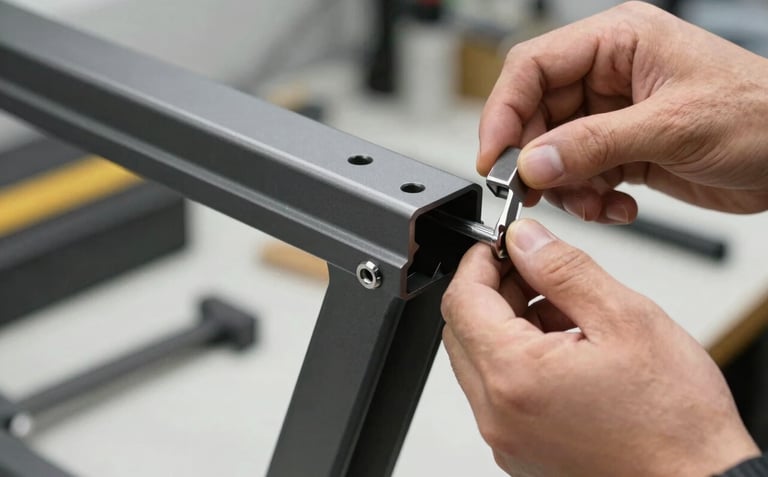 A technician's hands installing a high-quality aluminum frame. Macro shot showing the clean edges of the charcoal black profile and the precision of the fit. Bright, professional workshop environment.