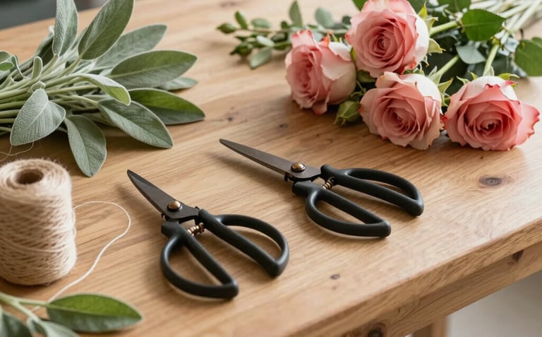 A florist's wooden workbench in a bright studio. Tools like shears and twine lie next to fresh sage and rose-colored flowers. High-end, natural aesthetic, Central European / German style.