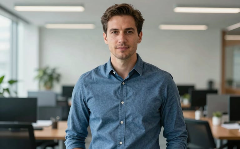 A waist-up portrait of a professional man in a slate blue button-down shirt, standing in a bright, modern corporate office environment. He looks trustworthy and authoritative.
