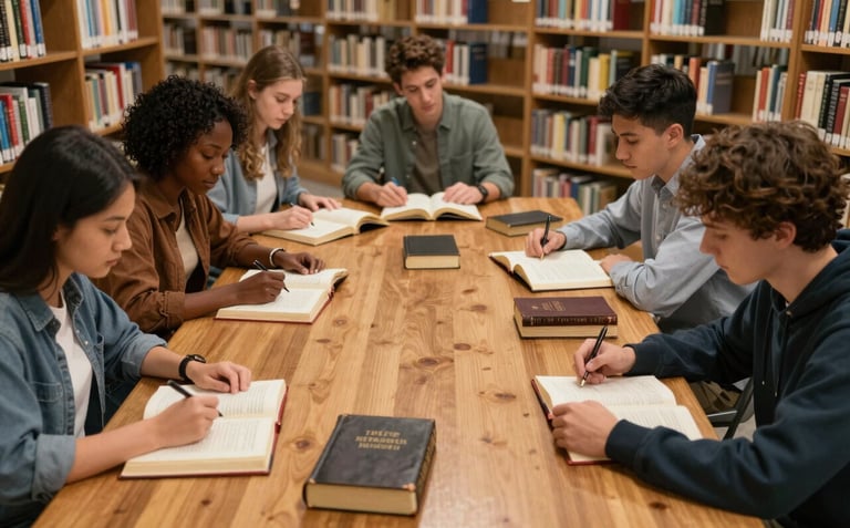A diverse group of college students in a North American setting sitting around a large oak table in a library, studying bibles and theological texts together. The atmosphere is warm and studious.