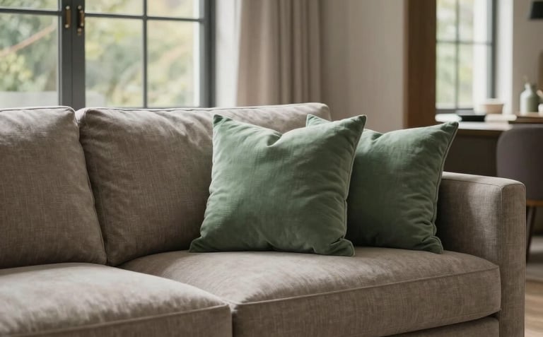 Professional photograph of an elegant North American living room, featuring a taupe sofa, sage green throw pillows, and large windows with natural light, modern architectural details.