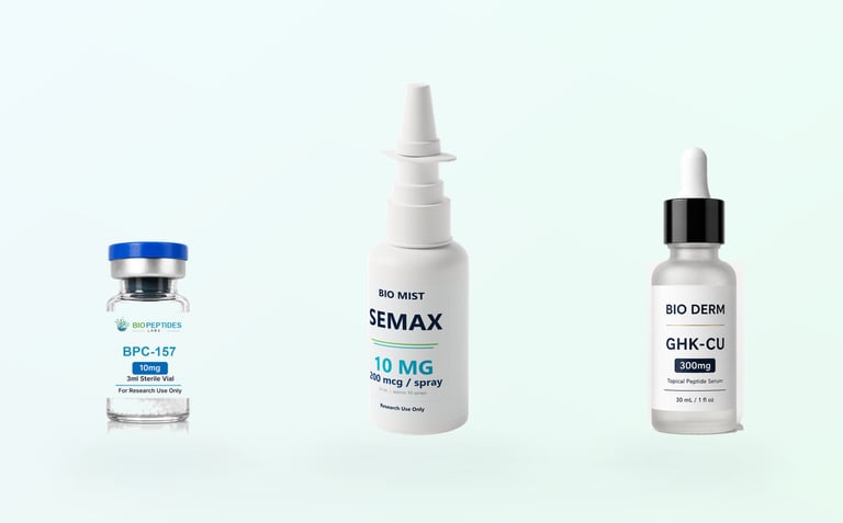 Bio Peptides Labs product lineup with research vial, Bio Mist spray, and Bio Derm dropper bottle
