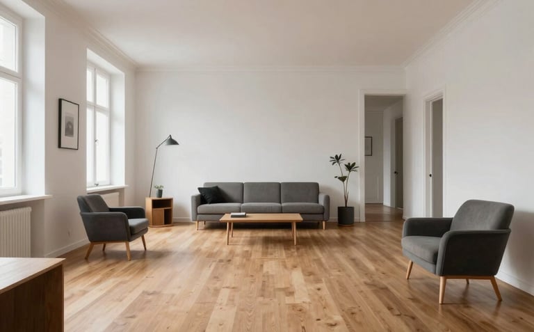 A wide shot of a modern, open-plan interior of a renovated apartment in Hamburg with warm oak floors, white walls, and elegant minimalist furniture, Central European style.