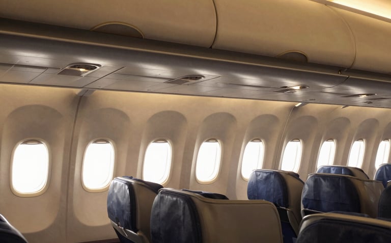 Clean, luxurious airplane cabin interior, empty, with golden hour light streaming through the windows, wide-angle environmental framing, premium travel photography