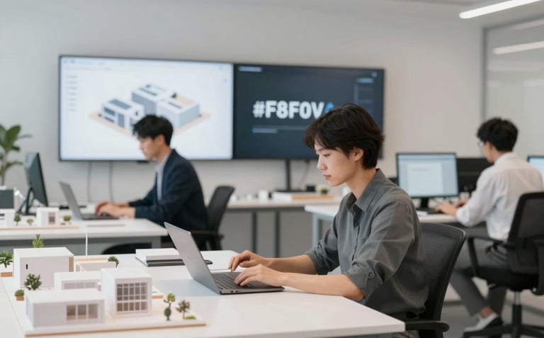 Interior of a premium design studio where professionals are working on architectural models and digital screens. The environment is clean and professional with a color palette of #F8F9FA and #1A202C.