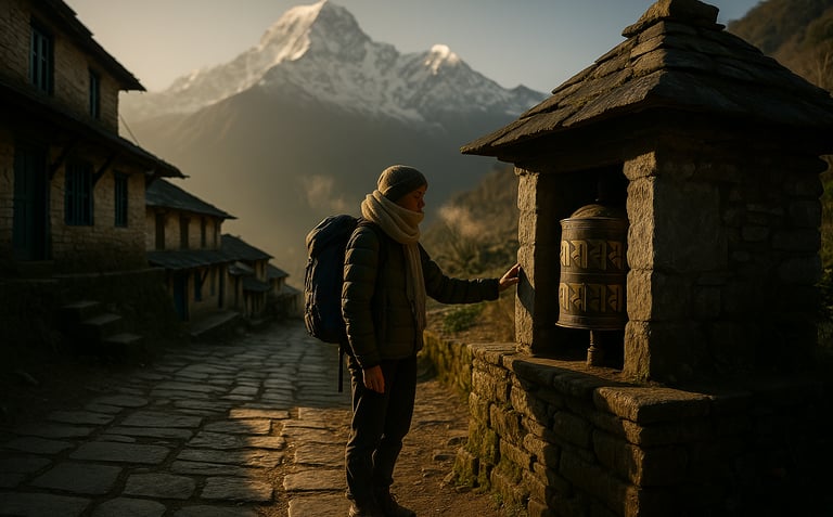 Lone winter trekker in a quiet Himalayan village with golden morning light.