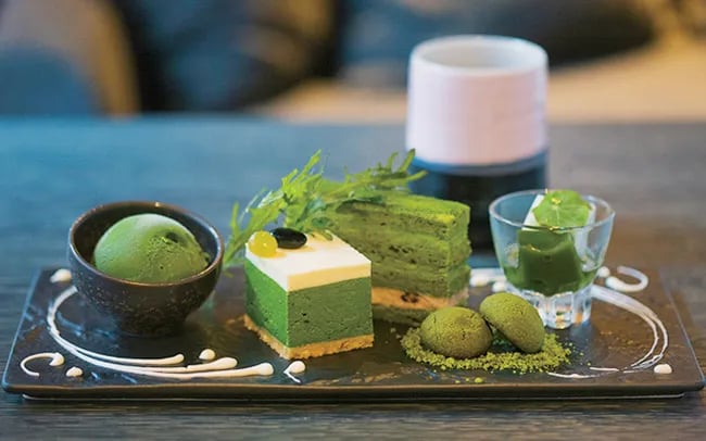 matcha sweets with cake and ice cream