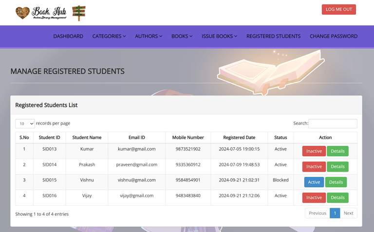 Library Management System - Admin Manage Registered Students page
