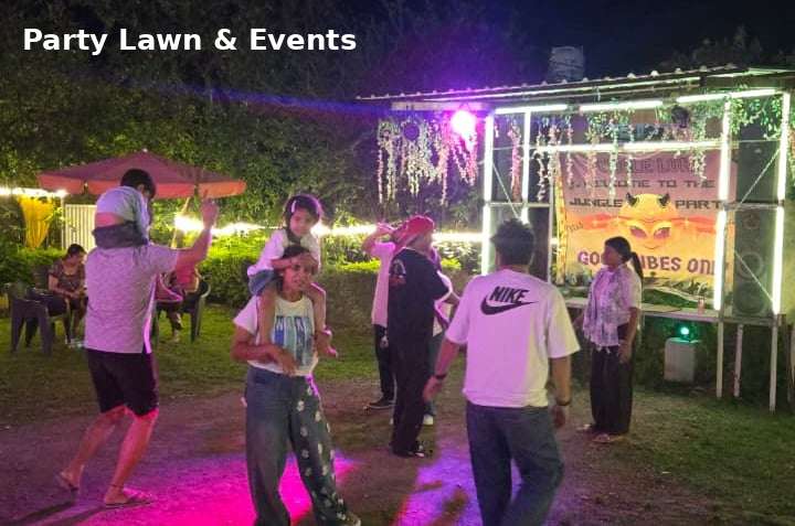 Party lawn at Jungle Lore Resort with guests enjoying music and dance at night