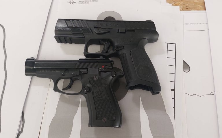 du pistoletai gulintys ant popieriaus su taikiniu