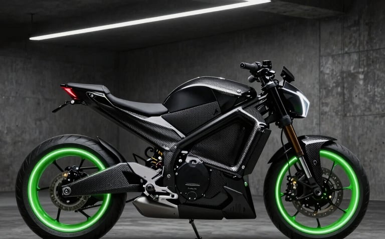 Side view of a premium black electric hyper-bike with carbon fiber frame and glowing green LED rim lights, parked in a dark architectural concrete garage with sharp rim lighting, 8k resolution, 35mm