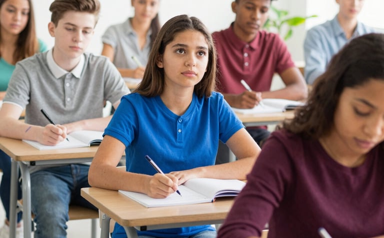 An inspiring academic background showing a modern classroom with students engaged in learning.