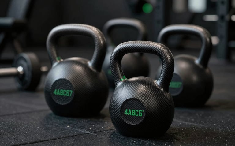 A minimalist, close-up shot of high-end carbon steel kettlebells and professional training equipment in a luxury gym setting. The lighting is sophisticated and moody, with the brand's green #4A8C67 reflected in the metallic surfaces. Deep blacks #0A0A0A and dark grays #222222 dominate the frame.