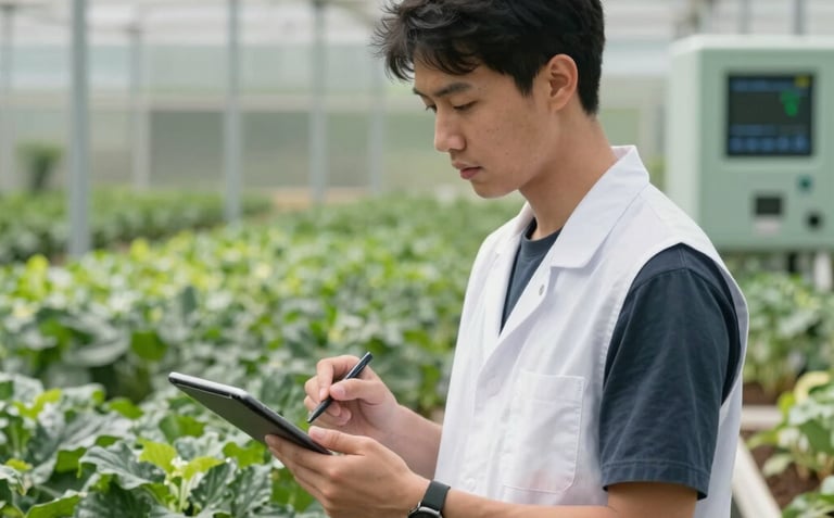 A professional agricultural specialist in a clean vest using a tablet to monitor soil data in a modern greenhouse in the US. The background is a mix of lush greens and sage-colored tech equipment.