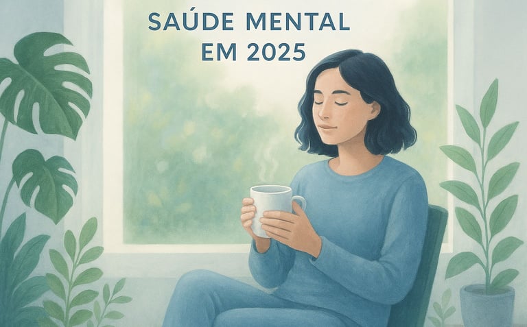 Pessoa relaxada com chá em ambiente sereno, ilustrando saúde mental e exercícios para ansiedade