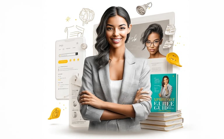 Mujer profesional con blazer gris, brazos cruzados y fondo de smartphone, pantalla y libro, ilustrando cómo fortalecer la aut