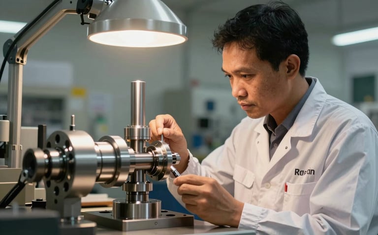 A professional Southeast Asian Indonesian technician in a clean industrial uniform inspecting a precision-made metal part under focused, warm workshop lighting. The composition is clean and authoritative.