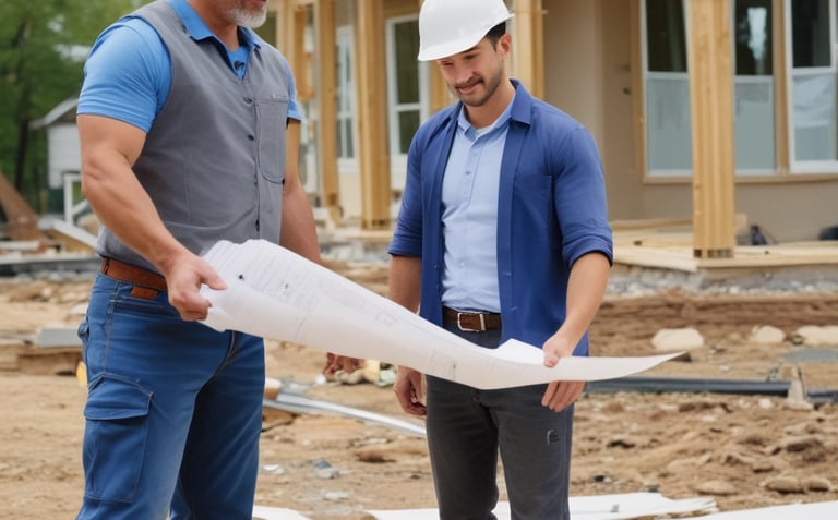 A skilled carpenter carefully framing a family care home under bright daylight.