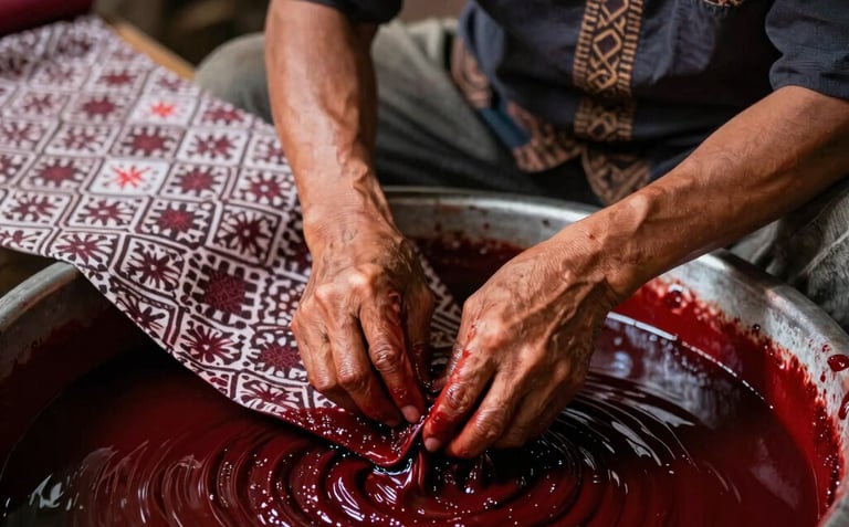 Professional photography of a skilled artisan in Sragen carefully dyeing batik cloth in a deep crimson vat, traditional Indonesian workshop setting.