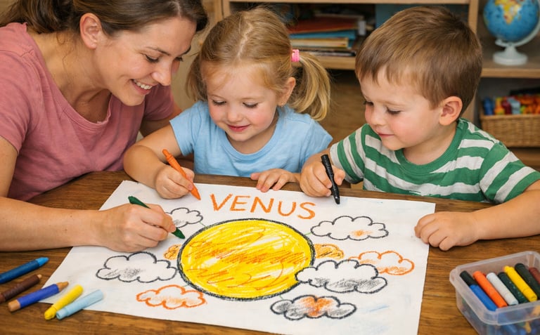 mother drawing planet Venus with her kids