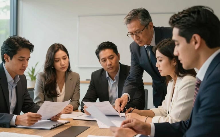 A group of Colombian professionals collaborating in a clean, modern meeting room, reviewing study materials together with a sense of focus and mutual support. Warm, encouraging lighting.