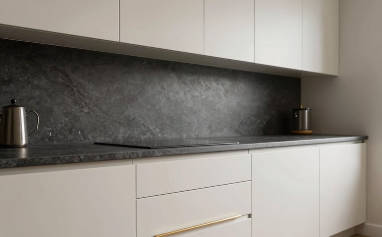 A close-up photograph of a sophisticated modern modular kitchen in a South Asian / Indian home. The cabinetry is matte off-white with sleek gold handles, paired with a dark grey stone countertop and minimalist recessed lighting.