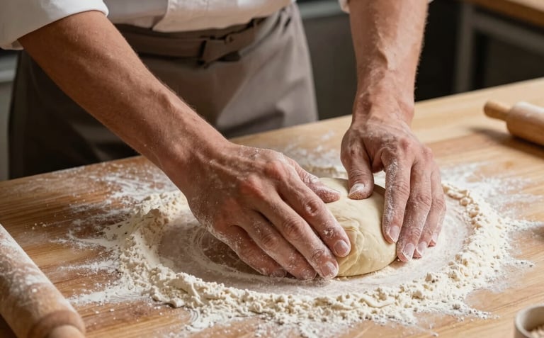 A master baker's hands dusted with flour, skillfully shaping dough on a heavy tan-colored wooden table. European / French bakery setting, artistic lighting focusing on the craftsmanship and movement, warm brown tones.