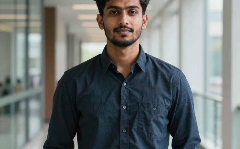 A high-contrast professional photograph of a South Asian / Pakistani student confidently standing in a modern, brightly lit hallway with glass and metal accents.